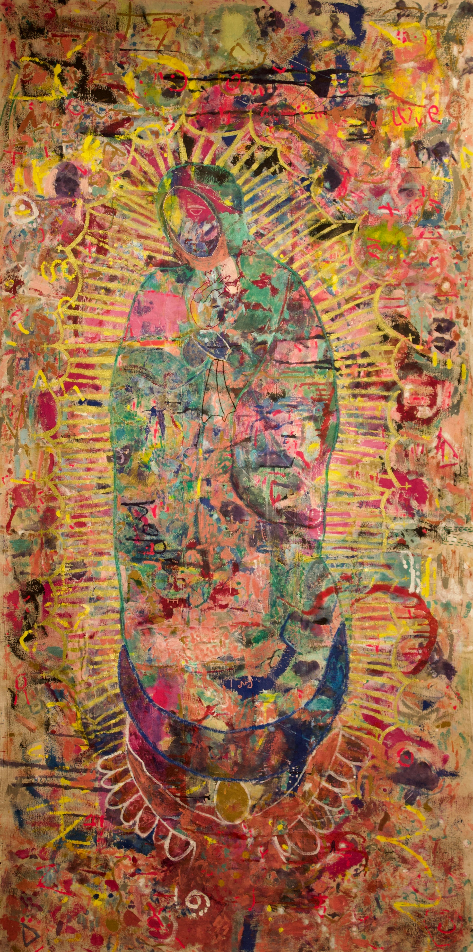 Voltage of Hope (Our Lady of Guadalupe), mixed media on drop cloth, 50in x 110in, by Carmen Peer