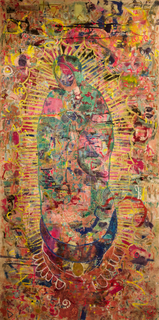 Voltage of Hope (Our Lady of Guadalupe), mixed media on drop cloth, 50in x 110in, by Carmen Peer